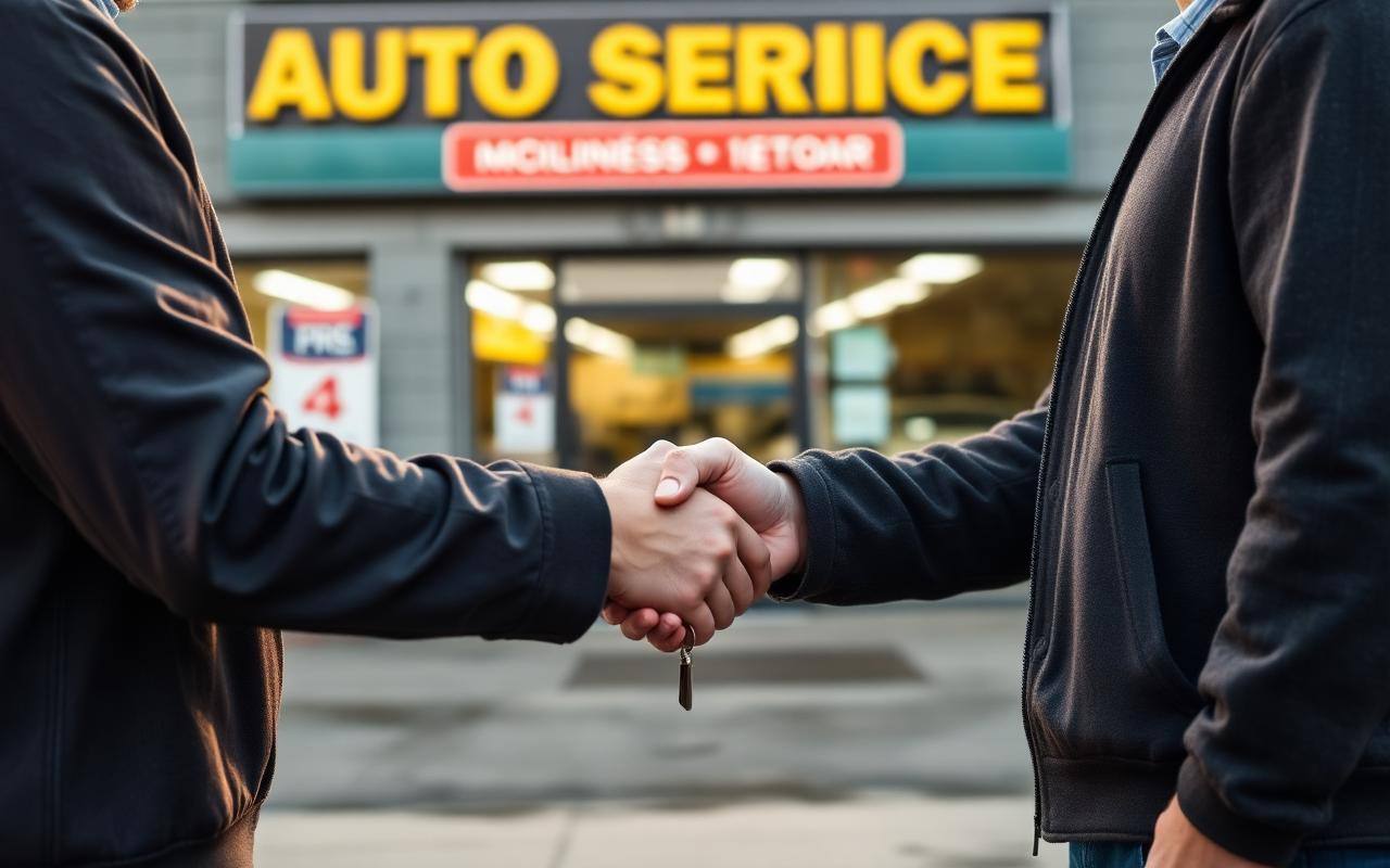 Buyer and seller shaking hands in front of an auto service shop