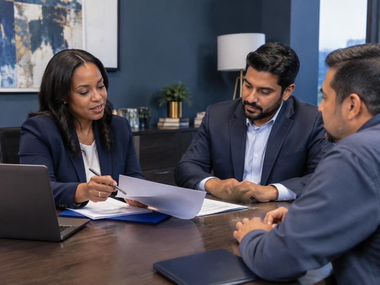 Funding advisors reviewing financials with a business owner across a boardroom table