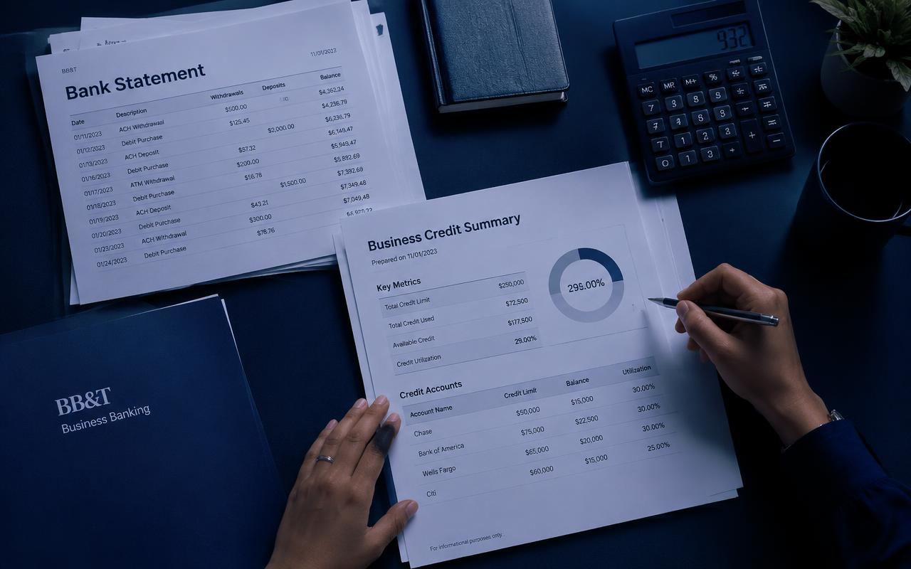 Overhead view of bank statements and a business credit summary being annotated by hand
