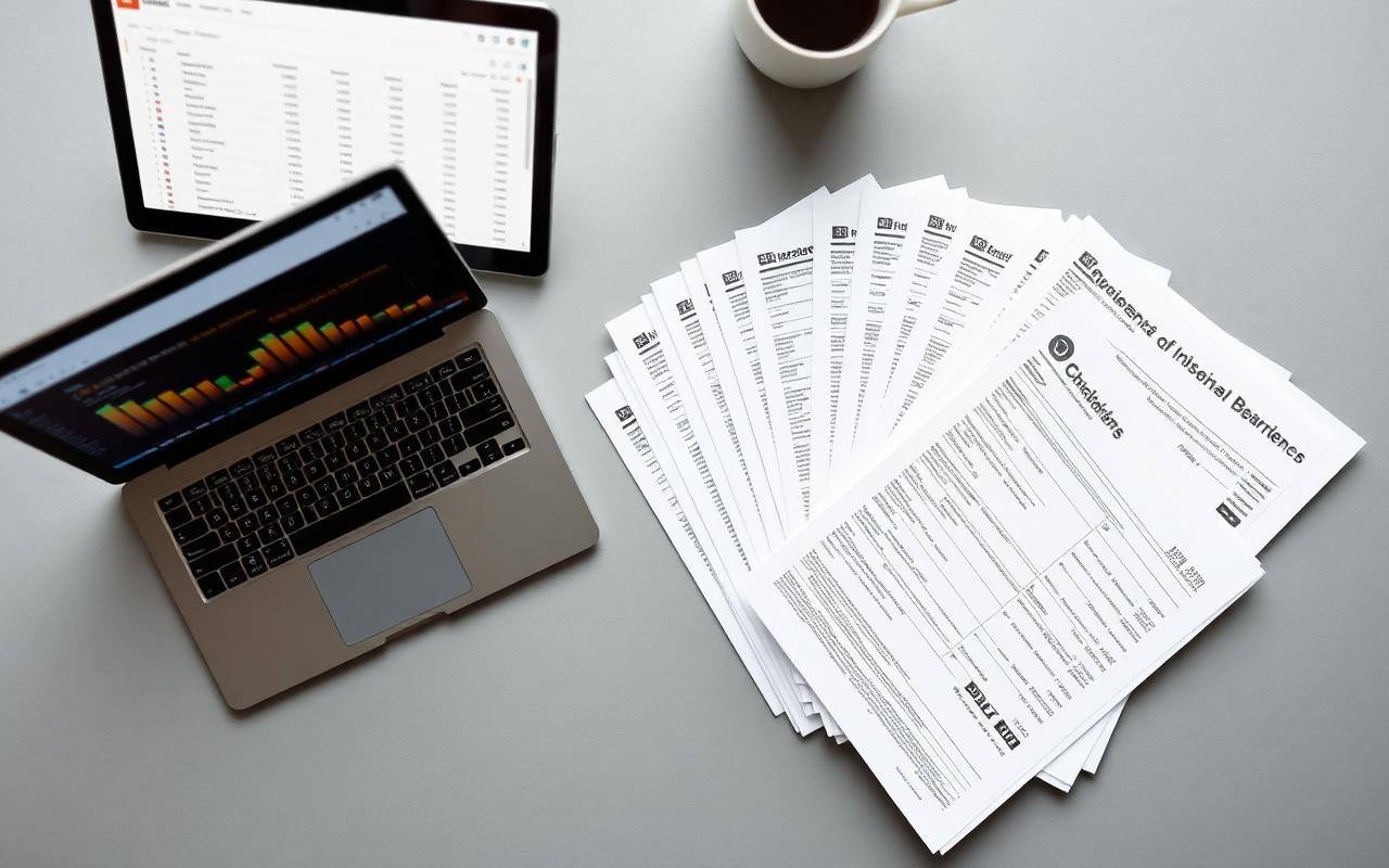 Printed business bank statements fanned beside a laptop dashboard