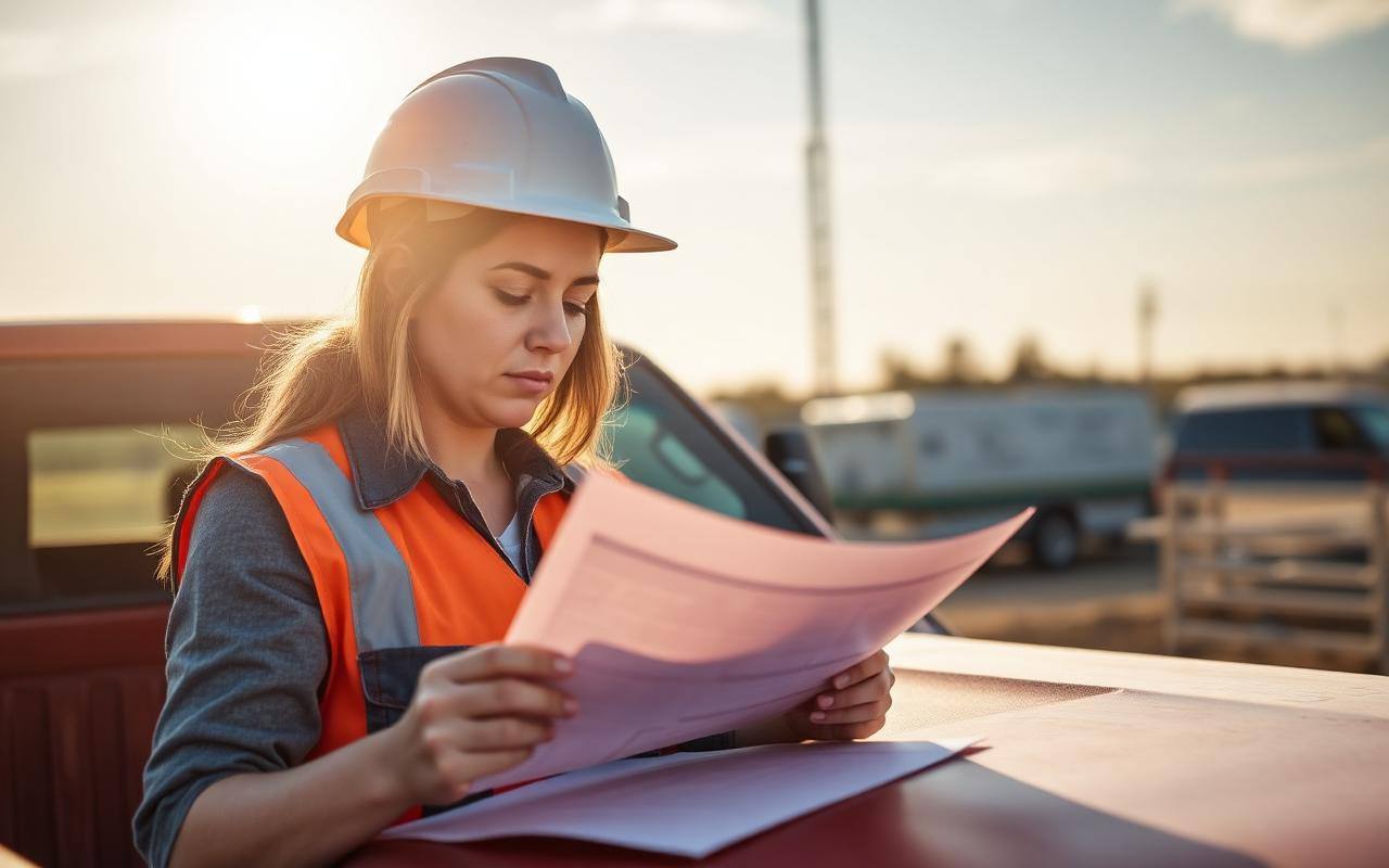 Contractor reviewing financing paperwork on her truck hood at a job site