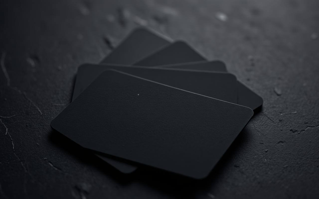 Matte black business credit cards fanned on a dark slate surface