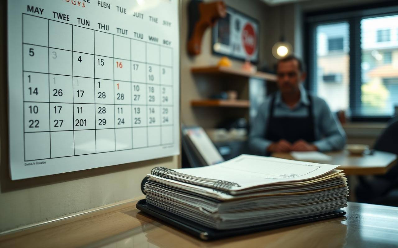 Wall calendar of daily debit dates beside a business checkbook on a shop counter
