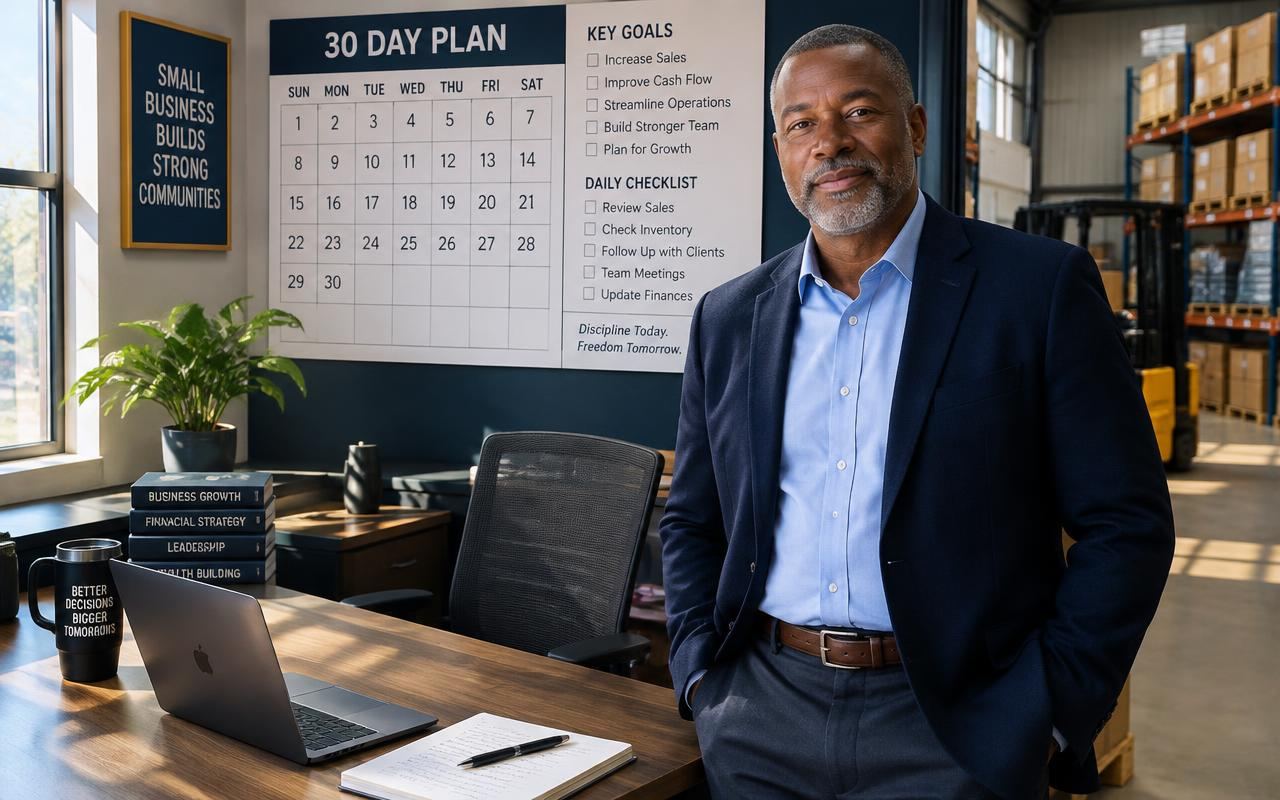 Black American business owner in his fifties standing in his warehouse office beside a thirty-day plan board