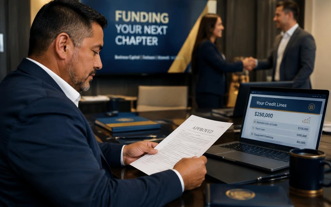 Latino business owner in his forties reviewing an approval letter and credit lines on a laptop in a boardroom
