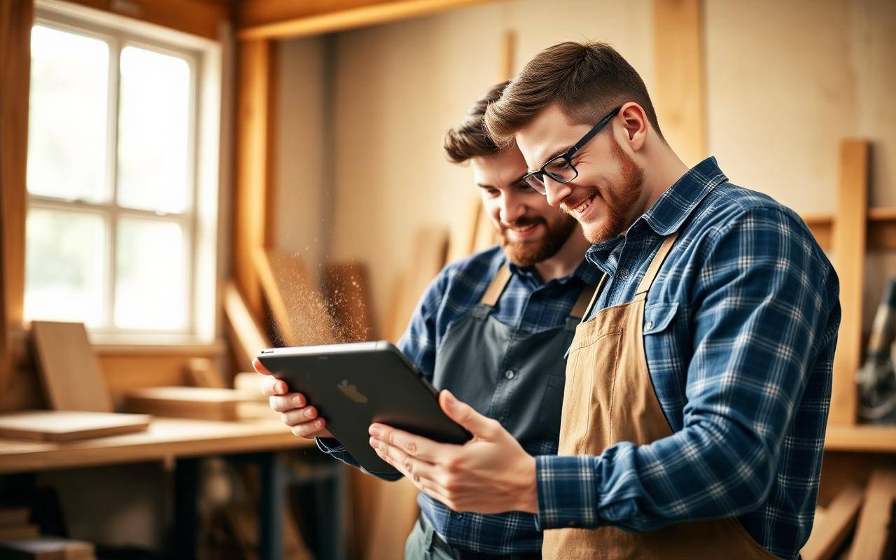 Two workshop partners reviewing a credit line offer on a tablet
