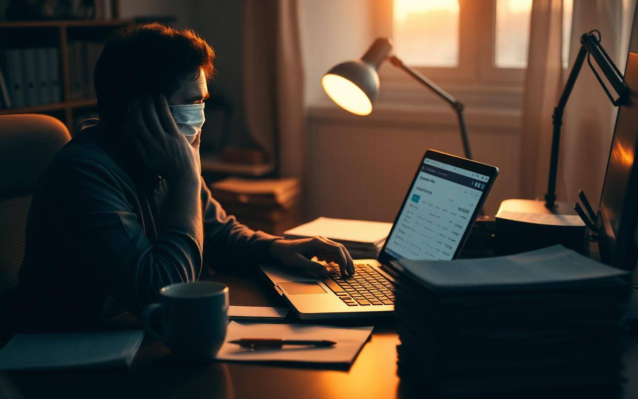 Business owner reviewing merchant cash advance contracts at a desk before dawn