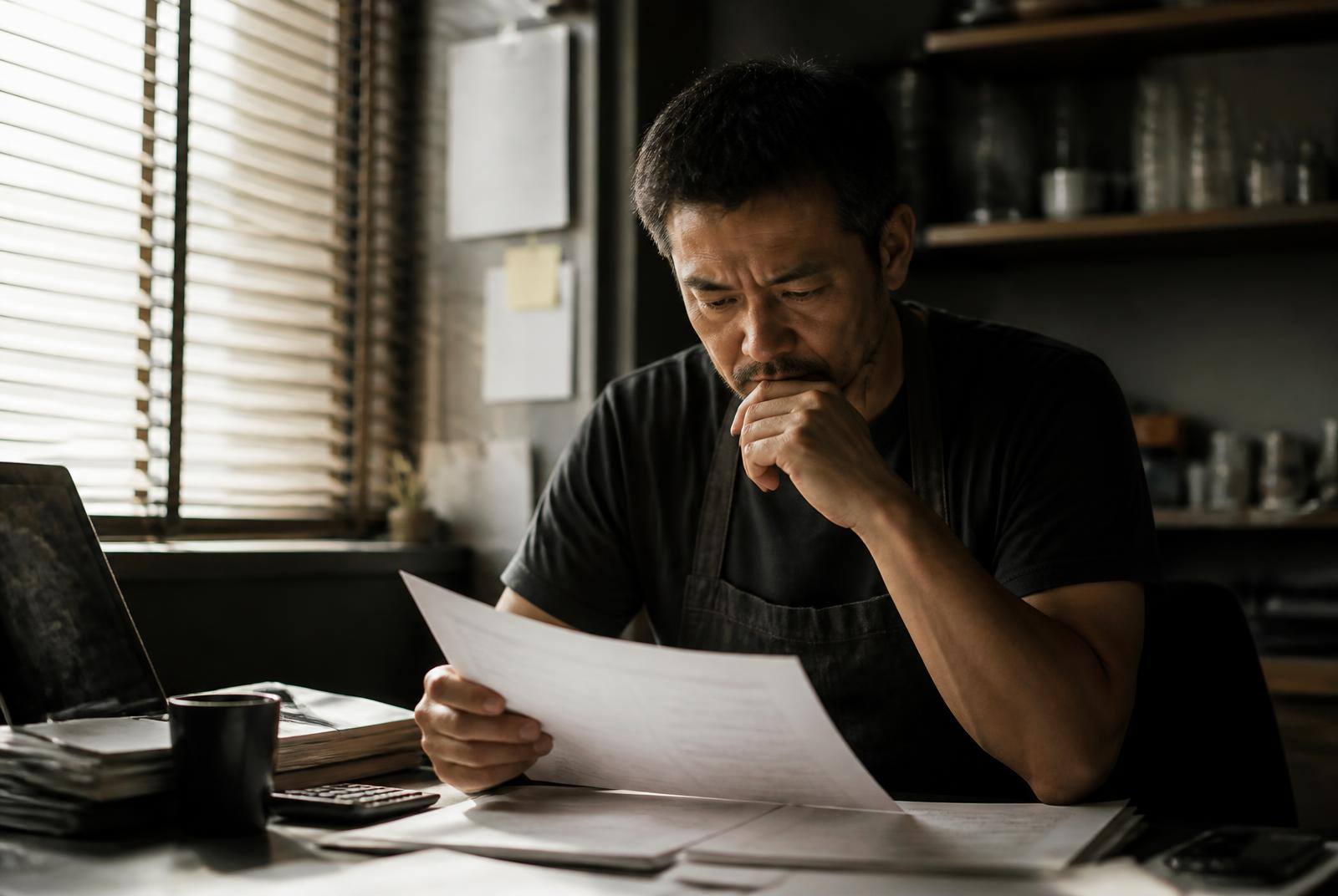 Business owner reviewing bank statements at his back-office desk