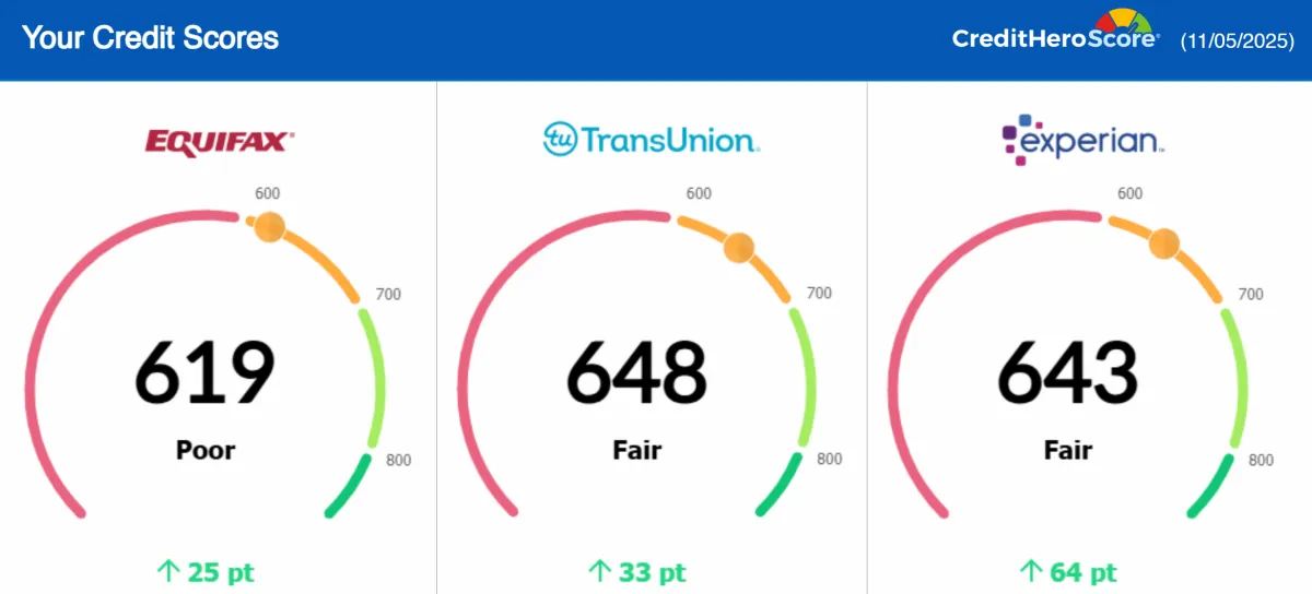 Credit report update showing removed negative items, client result 1