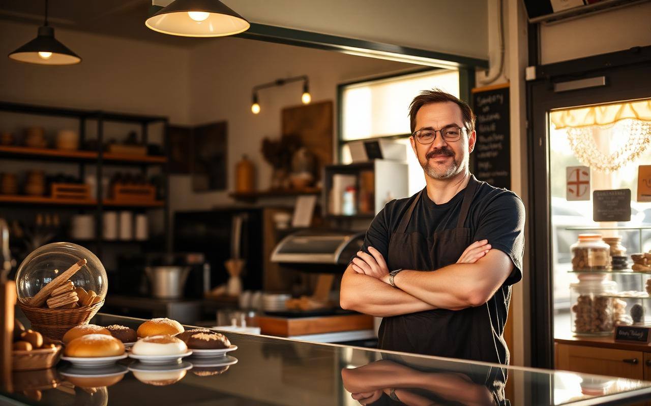 Bakery owner standing behind the counter of his sunlit storefront