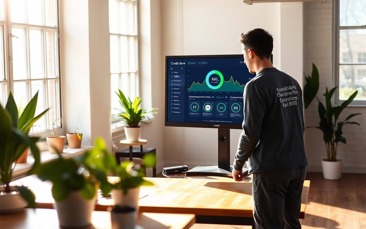 Founder reviewing a personal credit dashboard in a bright loft office
